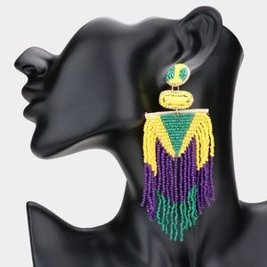 Purple Green Gold Beaded Mardi Gras Dangle Earrings Parade Jewelry Tassel Fringe